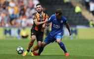 HULL, ENGLAND - AUGUST 13:  Robert Snodgrass of Hull City is fouled by Christian Fuchs of Leicester City during the Premier League match between Hull City and Leicester City at KC Stadium on August 13, 2016 in Hull, England.  (Photo by Alex Morton/Getty Images)